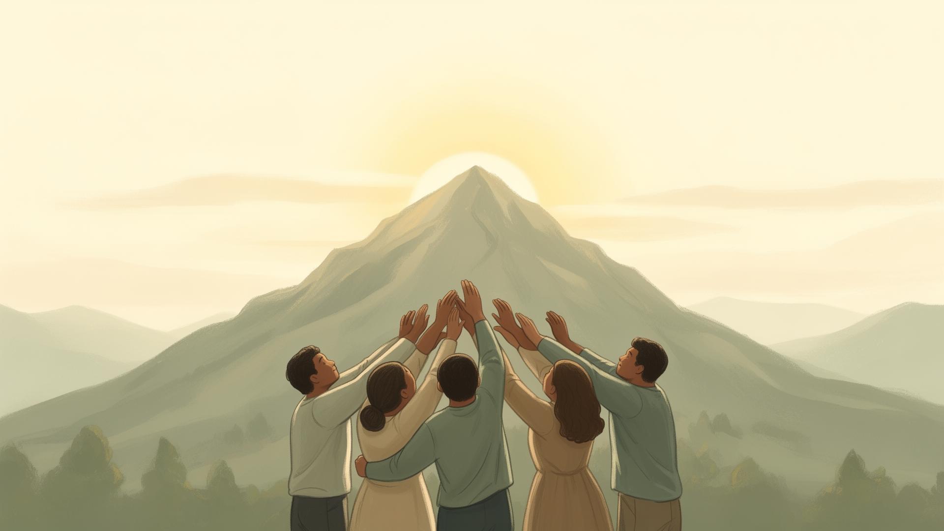 Hands reaching together toward a mountain peak at sunrise
